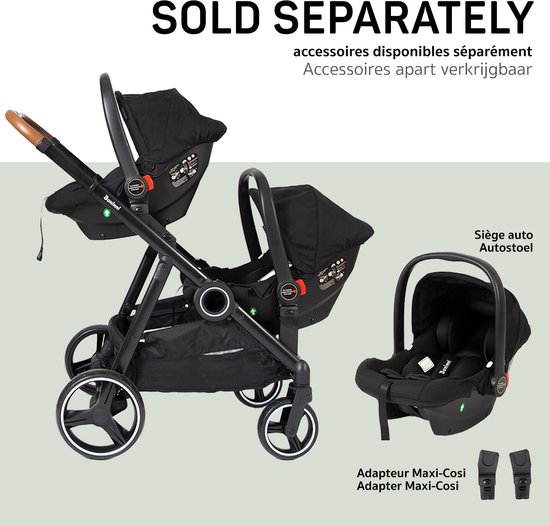 Zwarte tweeling kinderwagen met twee autostoelen erop. Autostoel en adapters worden apart verkocht.