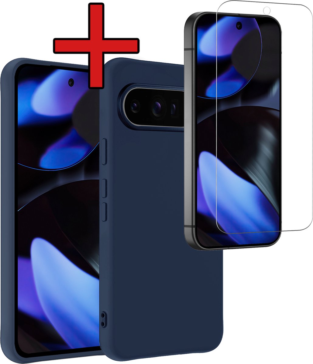 Hoesje - Met Screenprotector - Geschikt voor Google Pixel 9 Pro - Sterk & Shockproof - Telefoon Hoes - Back Cover - Siliconen Case - Telefoonhoes - Donkerblauw