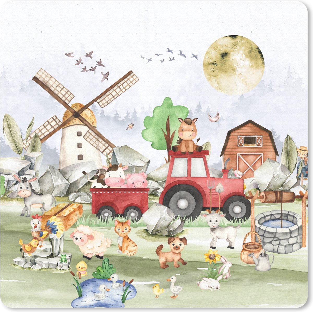 Muismat 30x30 cm - Mousepad Boerderij - Trekker - Kinderen - Dieren - Muismatten