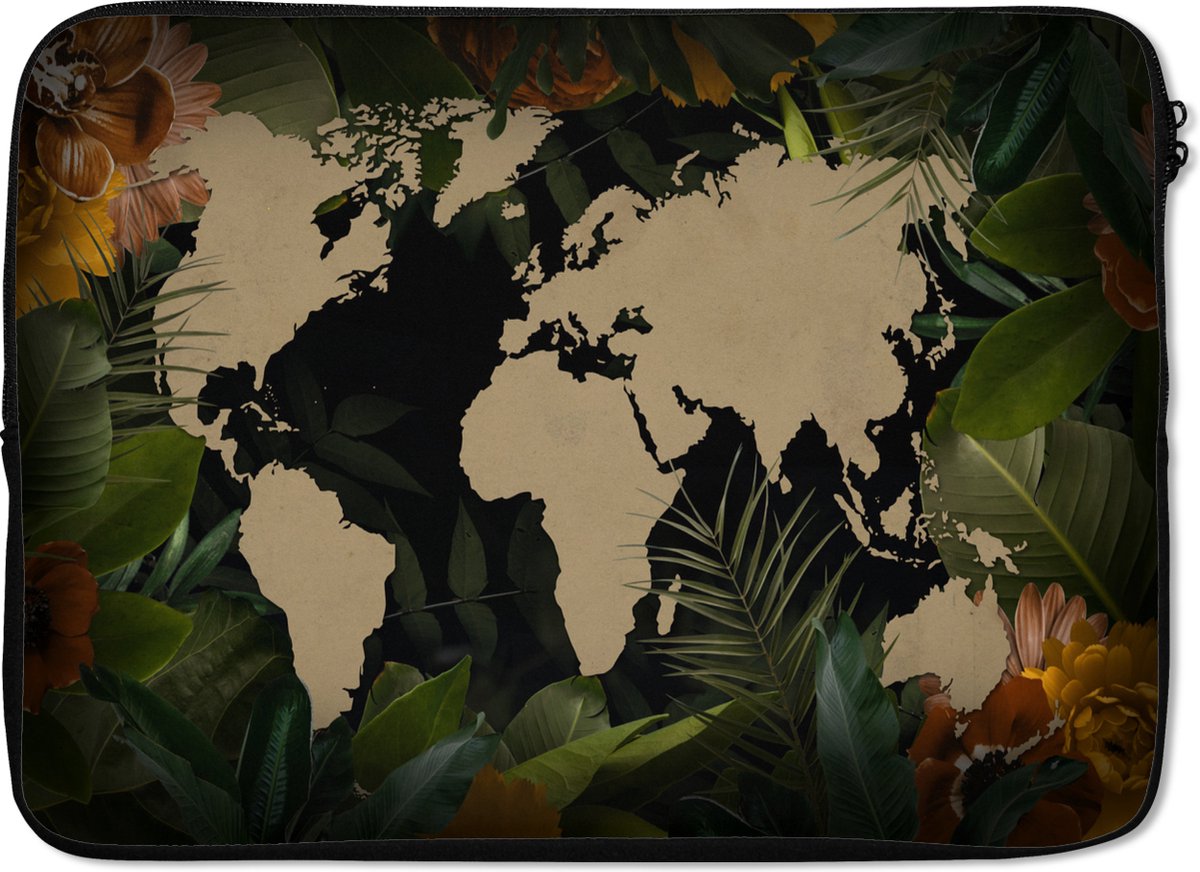 Laptophoes 13 inch - Wereldkaart - Planten - Bladeren - Laptop sleeve - Binnenmaat 32x22,5 cm - Zwarte achterkant