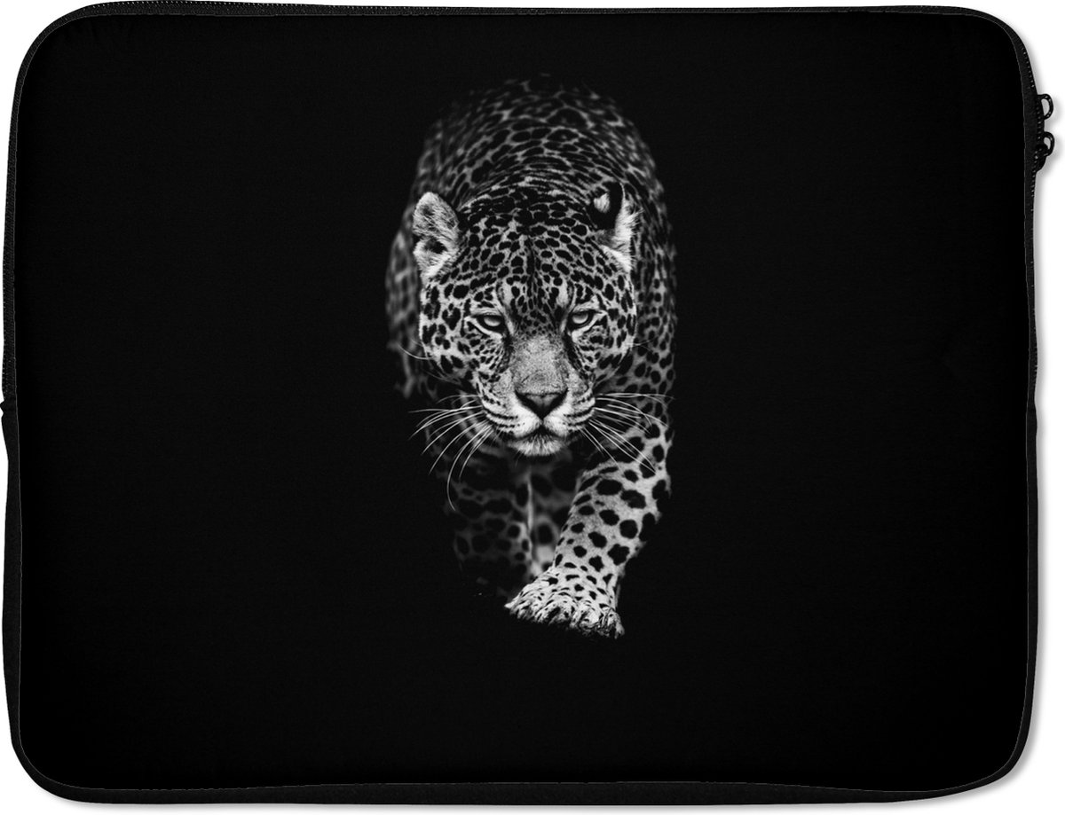Laptophoes 15.6 inch - Dieren - Zwart - Luipaard - Wit - Wild - Laptop sleeve - Binnenmaat 37x26 cm - Zwarte achterkant