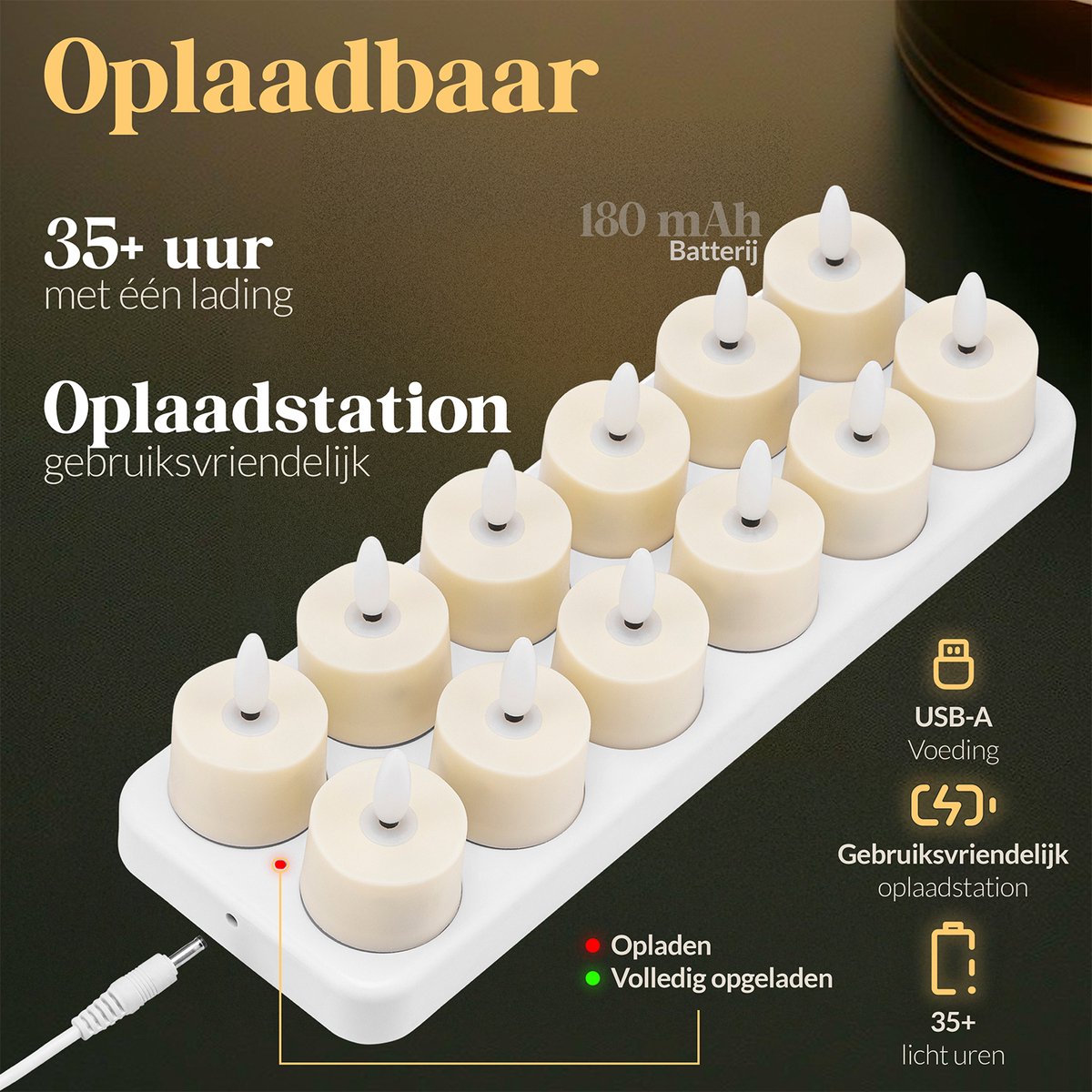 Aurae Oplaadbare Waxinelichtjes 12x - Theelichtjes Oplaadbaar - 60+ Branduren - Led Kaarsen met Afstandsbediening - Flikkerende Vlam - met Lader - Kerst Kaarsen — cadeau in Wonen & Interieur - foto 4