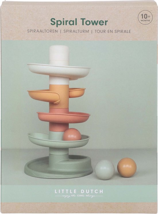Verpakking van de Little Dutch spiraaltoren, met productafbeeldingen in pastelkleuren.