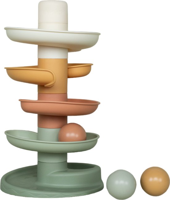 Een spiraaltoren met ballen, in pastelkleuren, met de tekst 'Spiral Tower'.