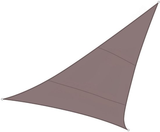 Driehoekig taupe schaduwdoek met een zwarte omtrek.