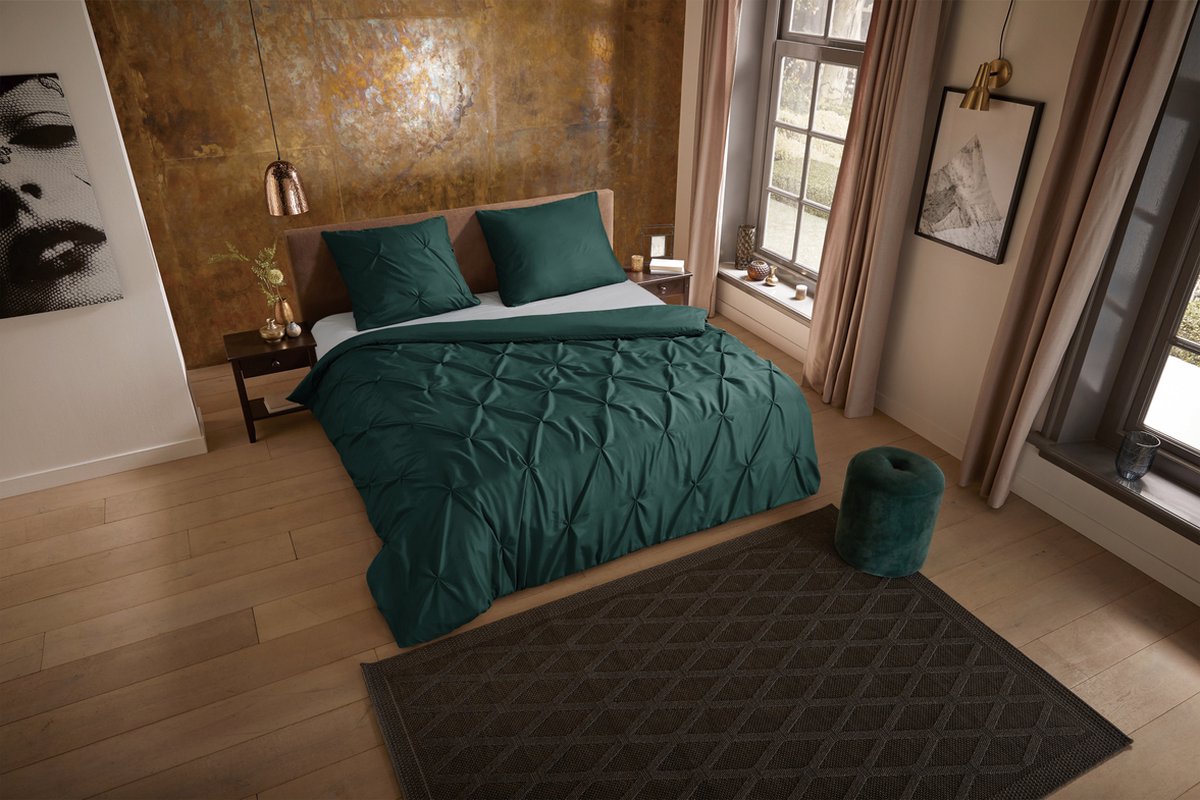 Pure dekbedovertrek luxe stiksel plooien - Lits jumeaux 240x200/220 cm - Donkergroen - Microvezel