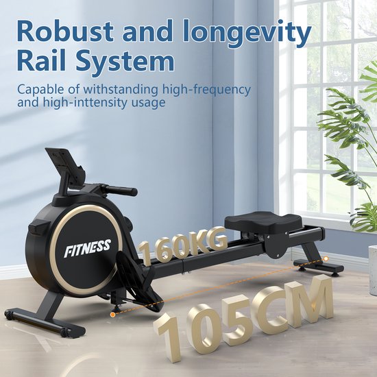 Zwarte roeitrainer met een 160KG maximale capaciteit en een 105cm lange rail.