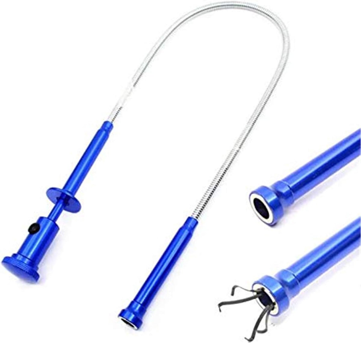 Goedkoopste blauw magneet opraapgereedschap, flexibele grijper, magnetische lange veergreep, 4 klauwen met led-lampje, voor tuin, toilet thuis, klein gereedschap, rioolopraapgereedschap