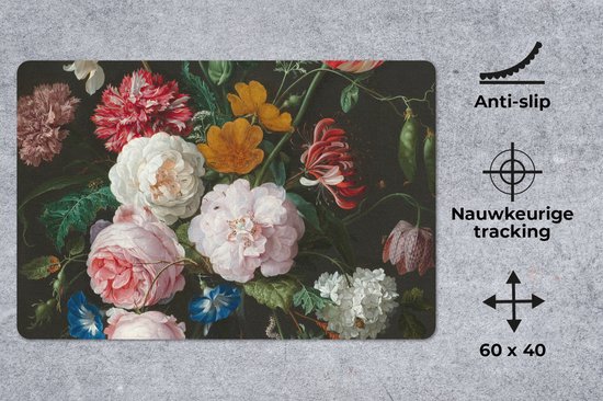 Bureau onderlegger 60x40 cm - Muismat Stilleven met bloemen in een glazen vaas - Schilderij van Jan Davidsz. de Heem - Bureaulegger xl - Desk mat beschermer - Computer muismatten