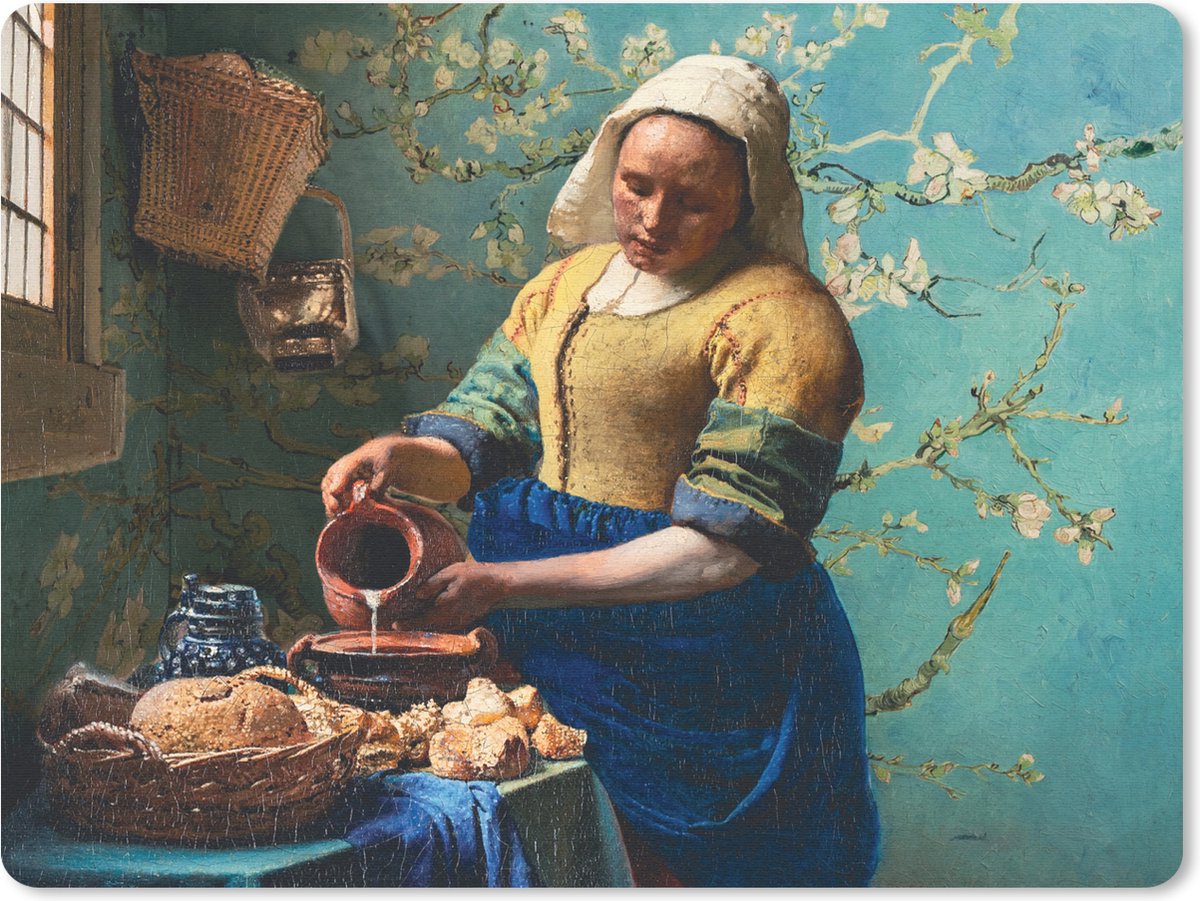 Muismat 23x19 cm - Mousepad Melkmeisje - Amandelbloesem - Van Gogh - Vermeer - Schilderij - Oude meesters - Muismatten
