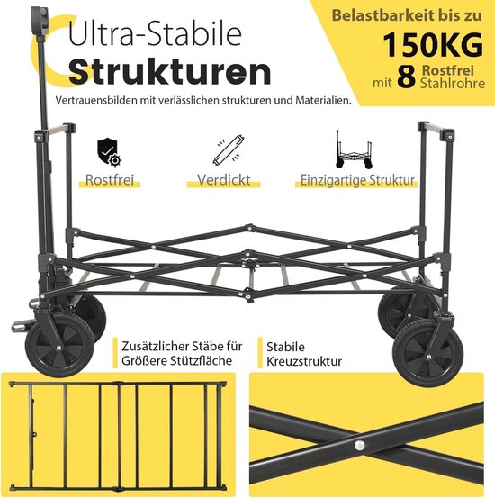 XXL Opvouwbare Bolderwagen met Rem - 160L Capaciteit en 150KG Draagvermogen - Geschikt voor Ruw Terrein, Strand, Kamperen of Winkelen van LifeGoods — afbeelding 3