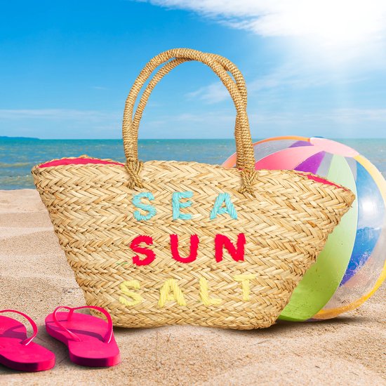 Joyeux acheteur/sac de plage fait à la main en roseau tressé avec fermeture éclair - jonc de mer naturel - sac à provisions d’été