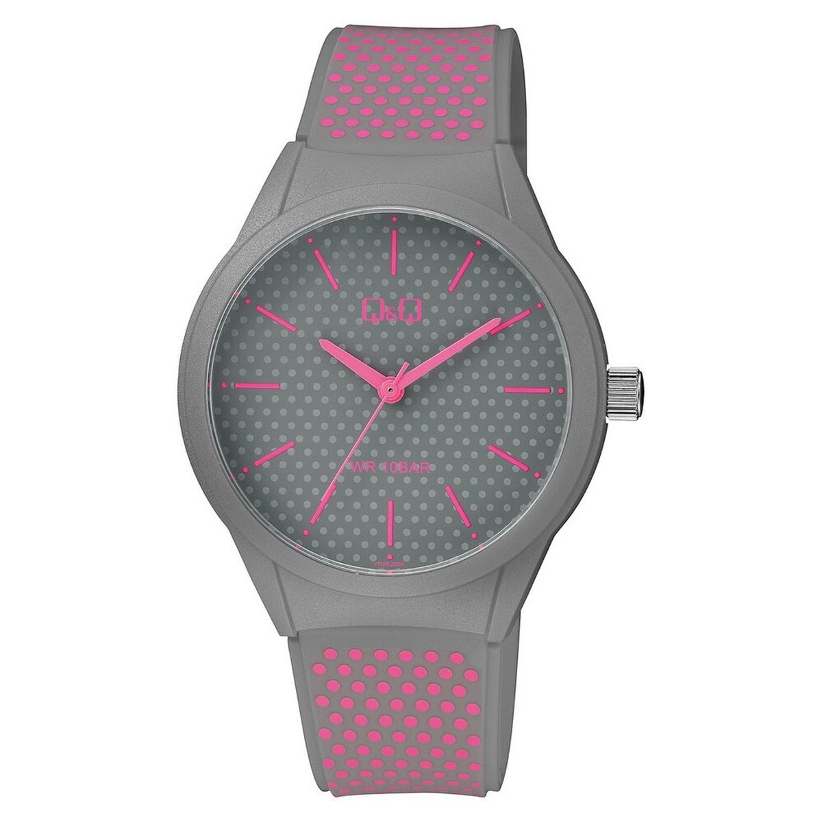 QQ VR28J036Y - Horloge - Sport - Analoog - Unisex - Plastic band - Rond - Streepjes - Kunststof - Grijs - Roze - 10 ATM