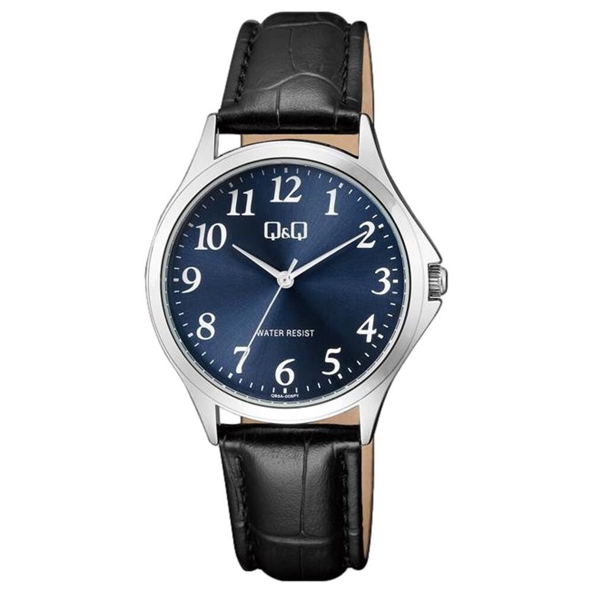 QQ Q93A-005PY - Horloge - Analoog - Unisex - Leren band - Rond - Metaal - Cijfers - Zwart - Zilverkleurig - Blauw - 3 ATM