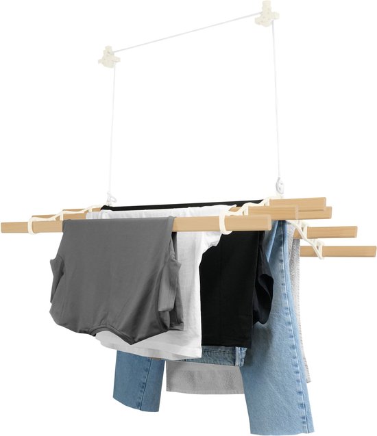 Sèche-linge plafond avec système de poulies en Ivoire, 6 Lattes en bois de 1,8m | Capacité de charge de 30 kg | Kit de montage GRATUIT | Étendoir suspendu pour Vêtements