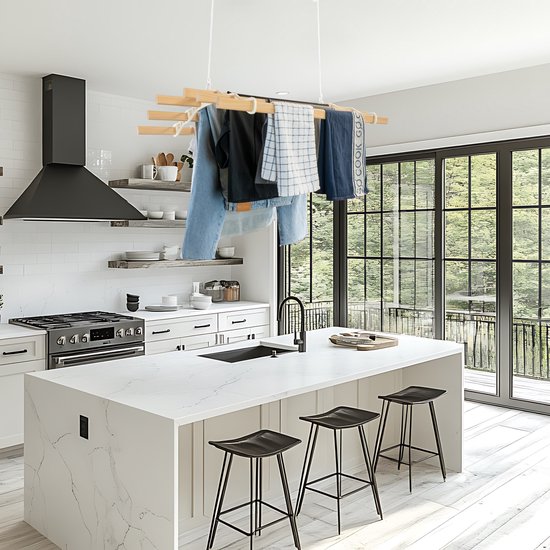 Sèche-linge plafond avec système de poulies en Ivoire, 6 Lattes en bois de 1,8m | Capacité de charge de 30 kg | Kit de montage GRATUIT | Étendoir suspendu pour Vêtements