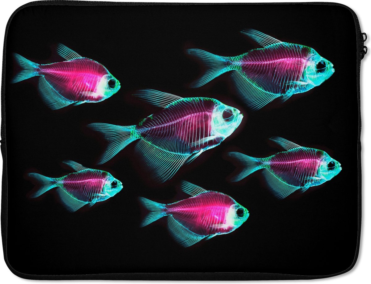 Laptophoes 17 inch - Vis - Paars - Blauw - Laptop sleeve - Binnenmaat 41x28 cm - Zwarte achterkant
