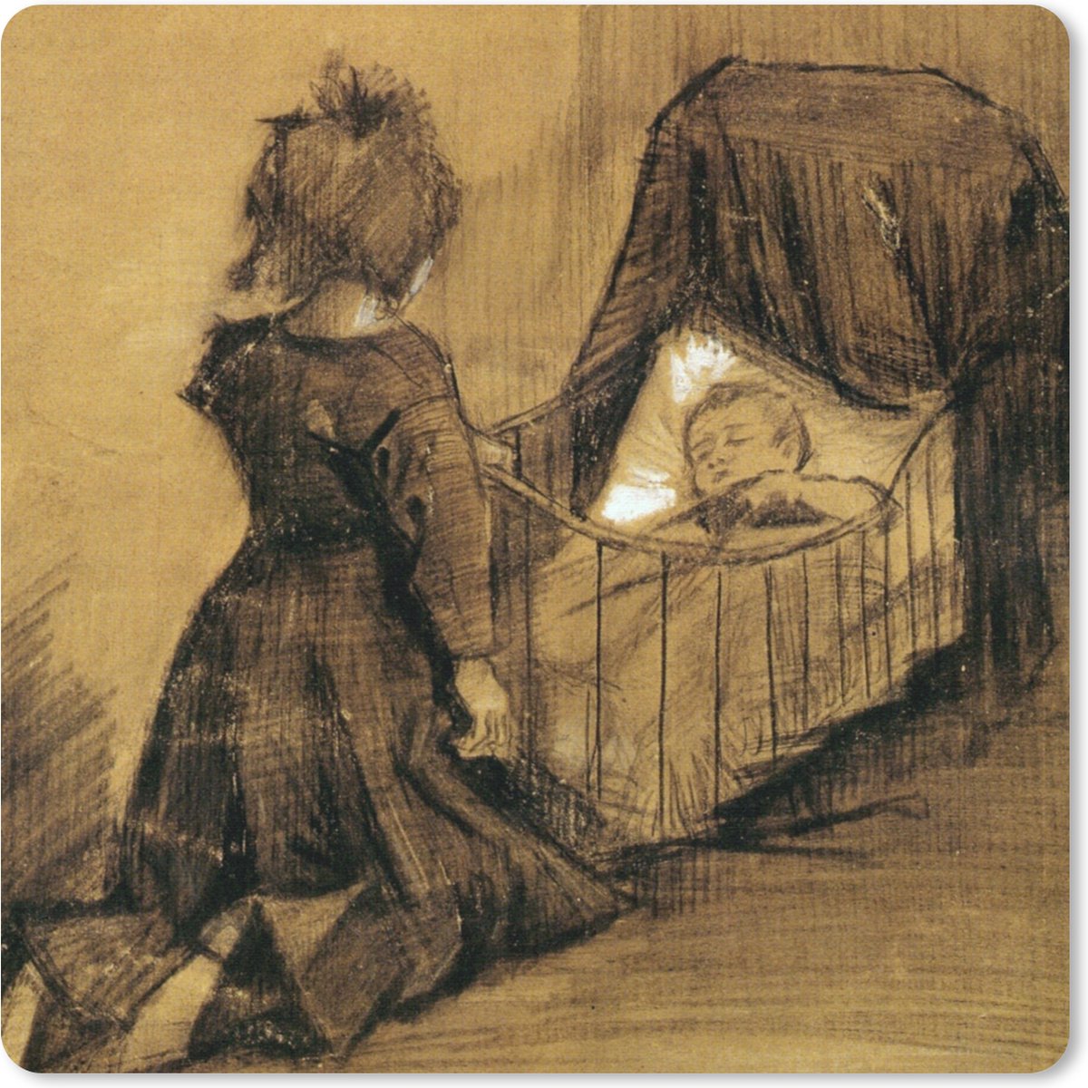 Muismat 20x20 cm - Mousepad Meisje geknield bij een wieg - Vincent van Gogh - Muismatten