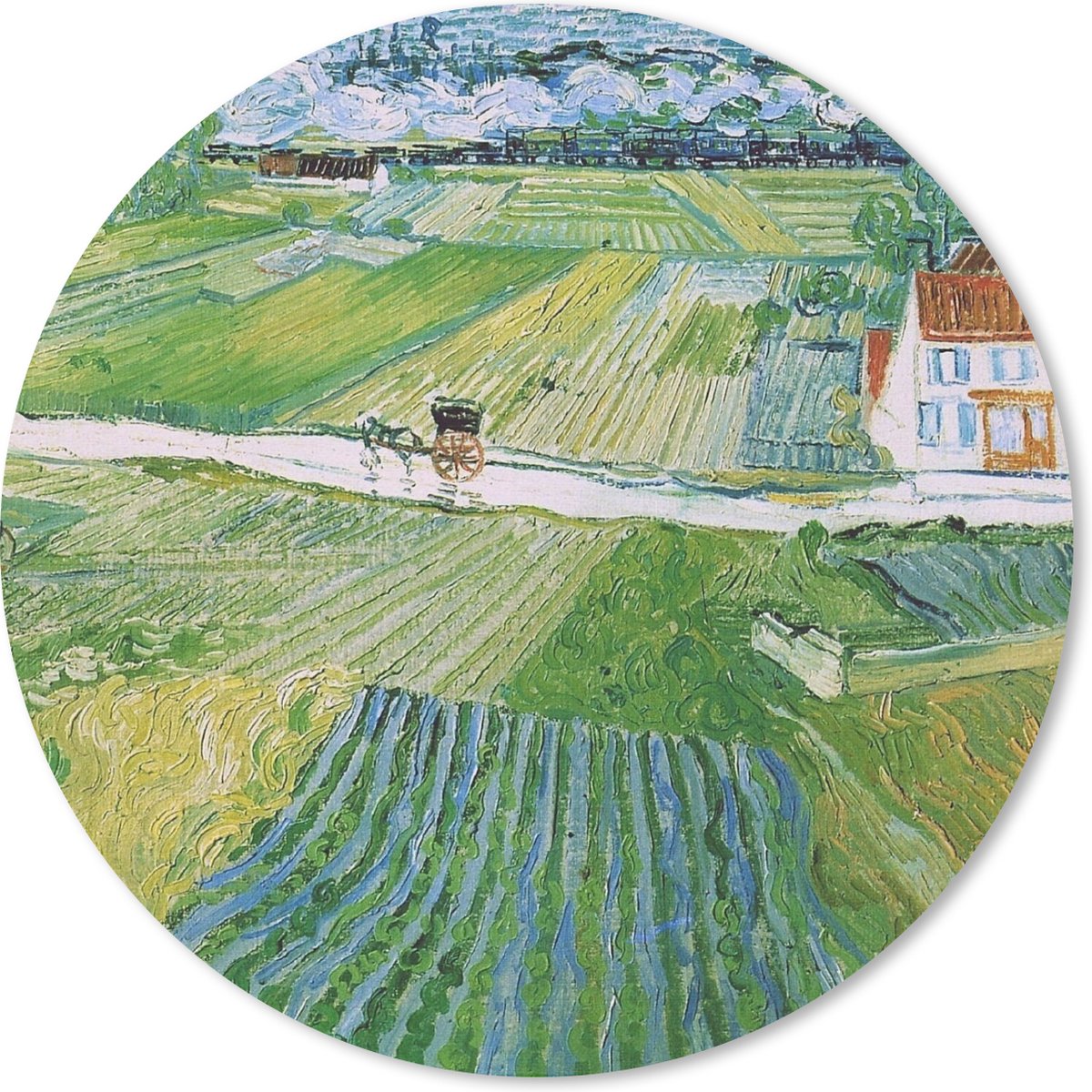 Muismat rond 50x50 cm - Mousepad Landschap met koets en trein - Vincent van Gogh - Ronde muismatten