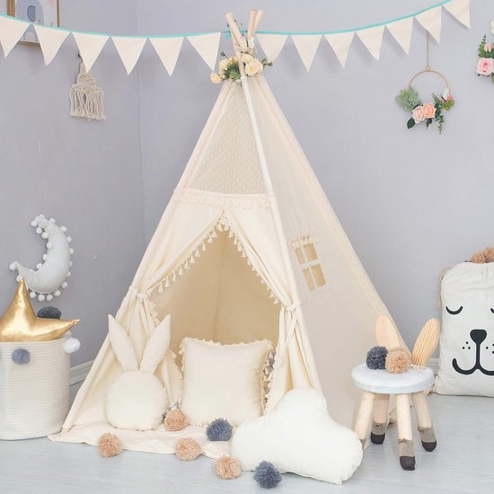 Kids tipi tent met gewatteerde mat, banner en garenbal - Beige katoenen canvas speeltent voor kinderkamer decor van MoniMatt — afbeelding 4