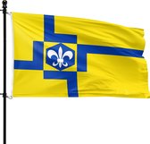 Gele vlag met een blauwe kruising en een blauw-witte achthoek met een fleur-de-lis in het midden.
