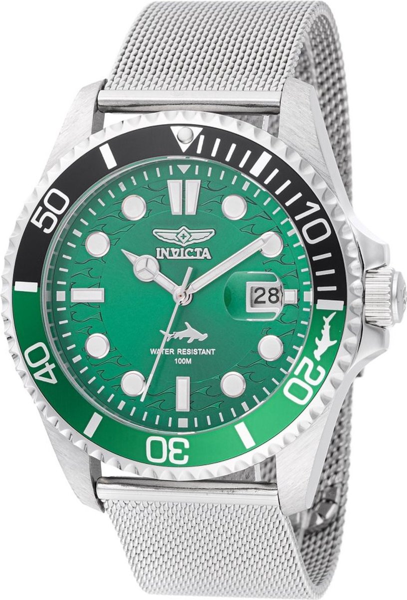 Invicta Pro Diver 47174 Heren Horloge - Waterdicht - Analoog - Quartz Uurwerk - Roestvrij Staal met groene Wijzerplaat - 43mm