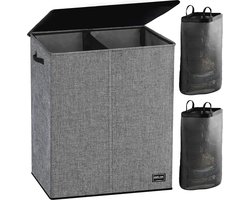 Dubbele Wasmand met Deksel en Afneembare Waszakken - 145L Wasmand voor Lichte en Donkere Kleding - Opvouwbare Opbergmand in Grijs