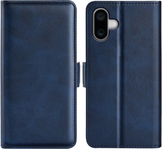 Étui portefeuille en cuir PU Étui adapté pour iPhone 16 Plus -- Fermeture magnétique - Housse de Luxe - Couvrant l'écran - Porte-cartes - Espèces - Espèces - Carte noir