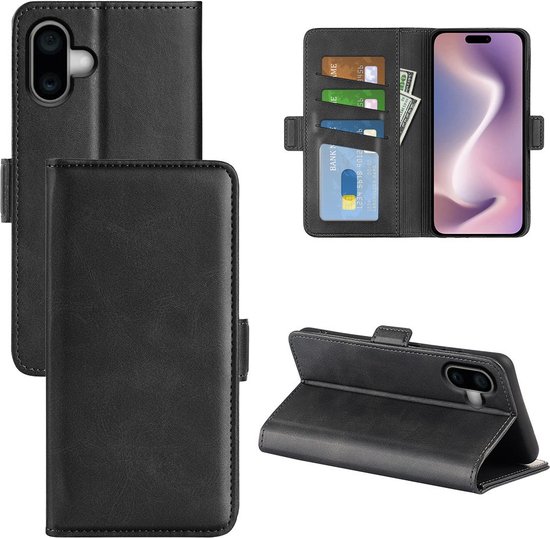 Mobiq - Étui portefeuille en cuir PU avec fermeture iPhone 16 - noir