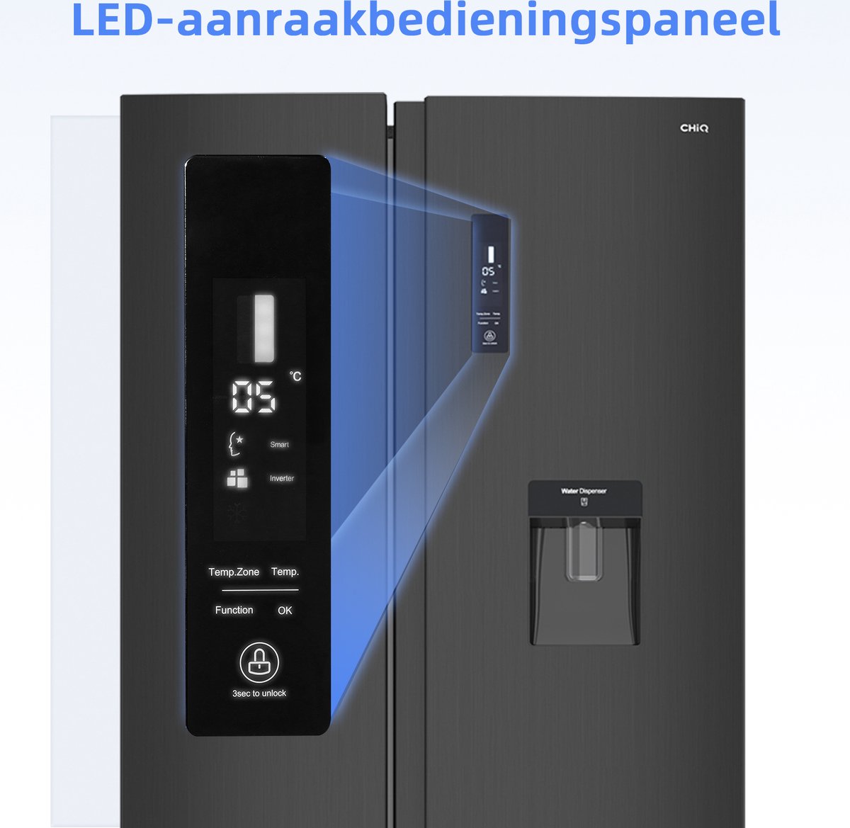 CHiQ FSS559NEI42D - Amerikaanse koelkast - 559 Liter - No Frost - 5.5 L Waterdispenser - Digitaal LED Display - Inverter Compressor - Snelvriezen tot -32℃ - 12 jaar garantie op compressor — afbeelding 7