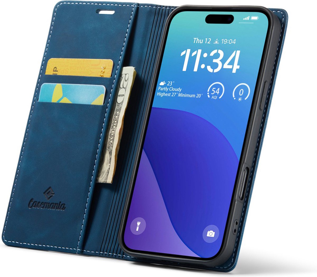 CaseMania Bookcase hoesje geschikt voor iPhone 16 Pro - Effen Donkerblauw - Kunstleer