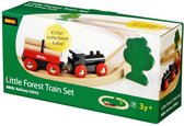 BRIO 'Little Forest Train Set' doos met afbeelding van trein, wagon met houtblokken, houten baan en groene boom. Tekst: 'It's fun in the forest today!'