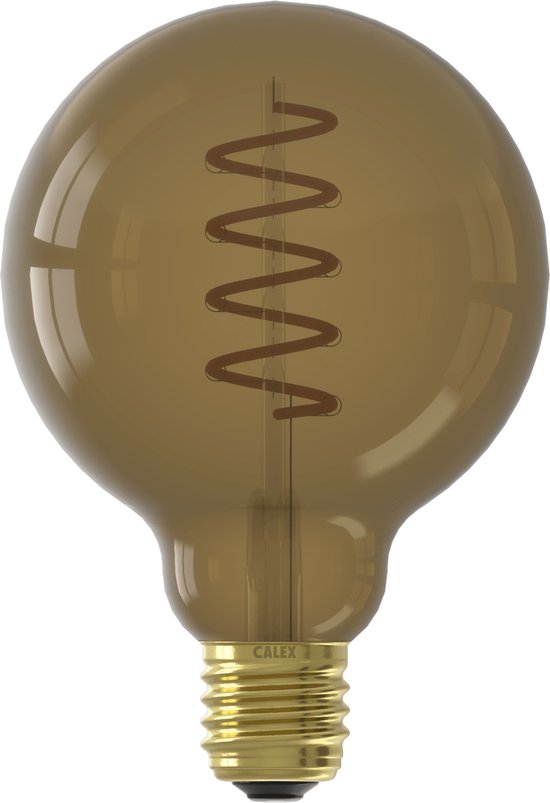Rookglazen Calex globe LED lamp met E27 fitting en een spiraalvormige filament.
