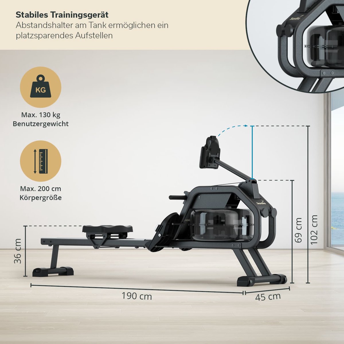Afbeelding 2 van Skandika Nemo II Hybrid Water Roeimachine – Roeitrainers - Water Roeimachine – Roeiapparaat fitness voor thuis, met waterweerstand, compatibel met Kinomap App, Bluetooth, computer, tablethouder, ruimtebesparende opstelling – 190x45x95.5 cm – zwart