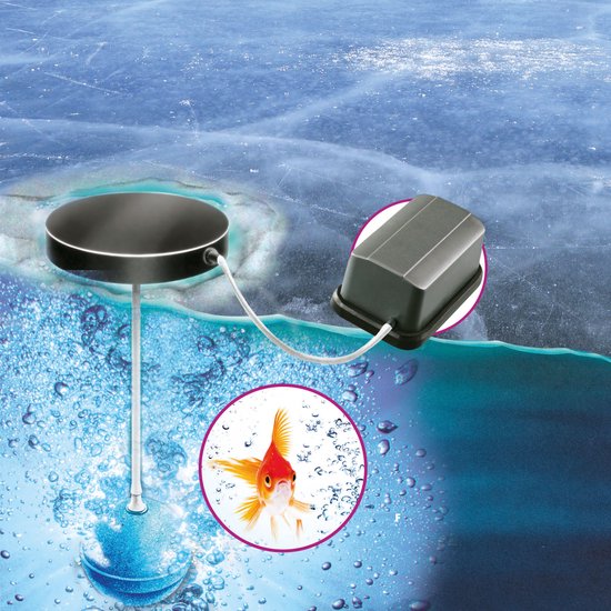 Illustratie van een vijverbeluchter met een goudvis die bubbels blaast onder een bevroren vijver.