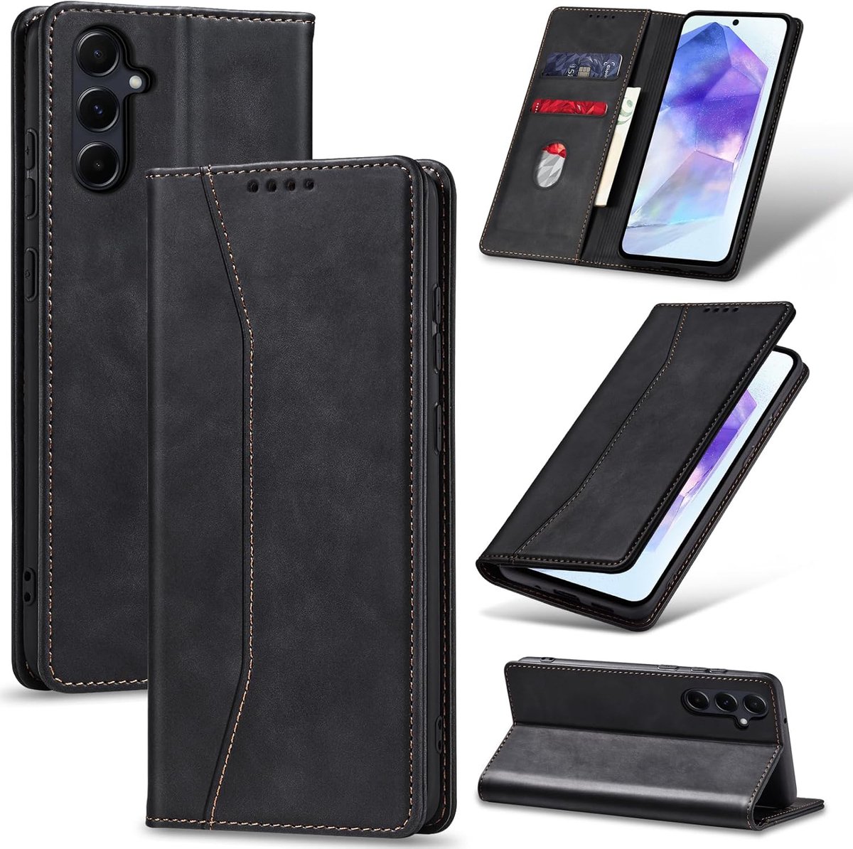 Nuvex Hoesje met Pasjeshouder Geschikt voor Samsung Galaxy A55 Zwart Telefoonhoesje - Anti-Shock Bookcase Cover - Wallet Case