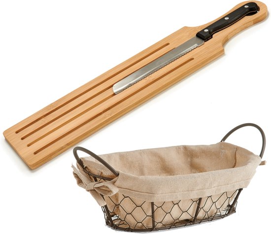 Foto: Bamboe houten broodplank snijplank serveerplank met broodmes 50 x 10 cm en broodmandje van 26 x 17 cm