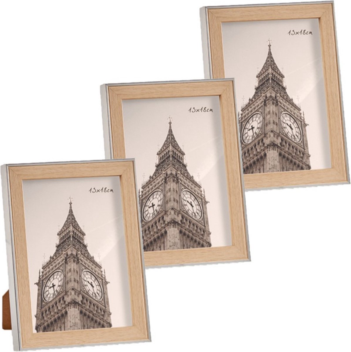 Arte r 3x stuks kunststof fotolijst zilver met hout geschikt voor een foto van 13 x 18 cm