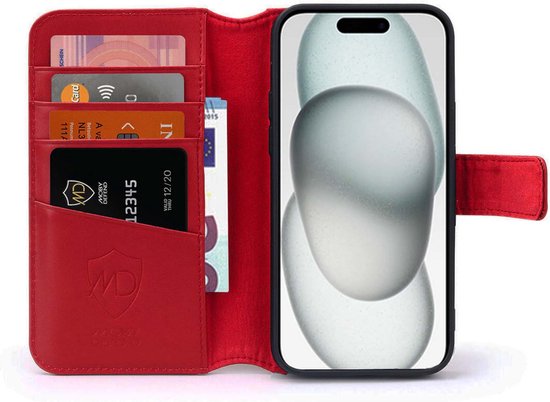 Coque pour iPhone 15 - Bookcase portefeuille de Luxe MobyDefend - Rouge - Étui pour téléphone portable - Étui de téléphone adapté pour iPhone 15
