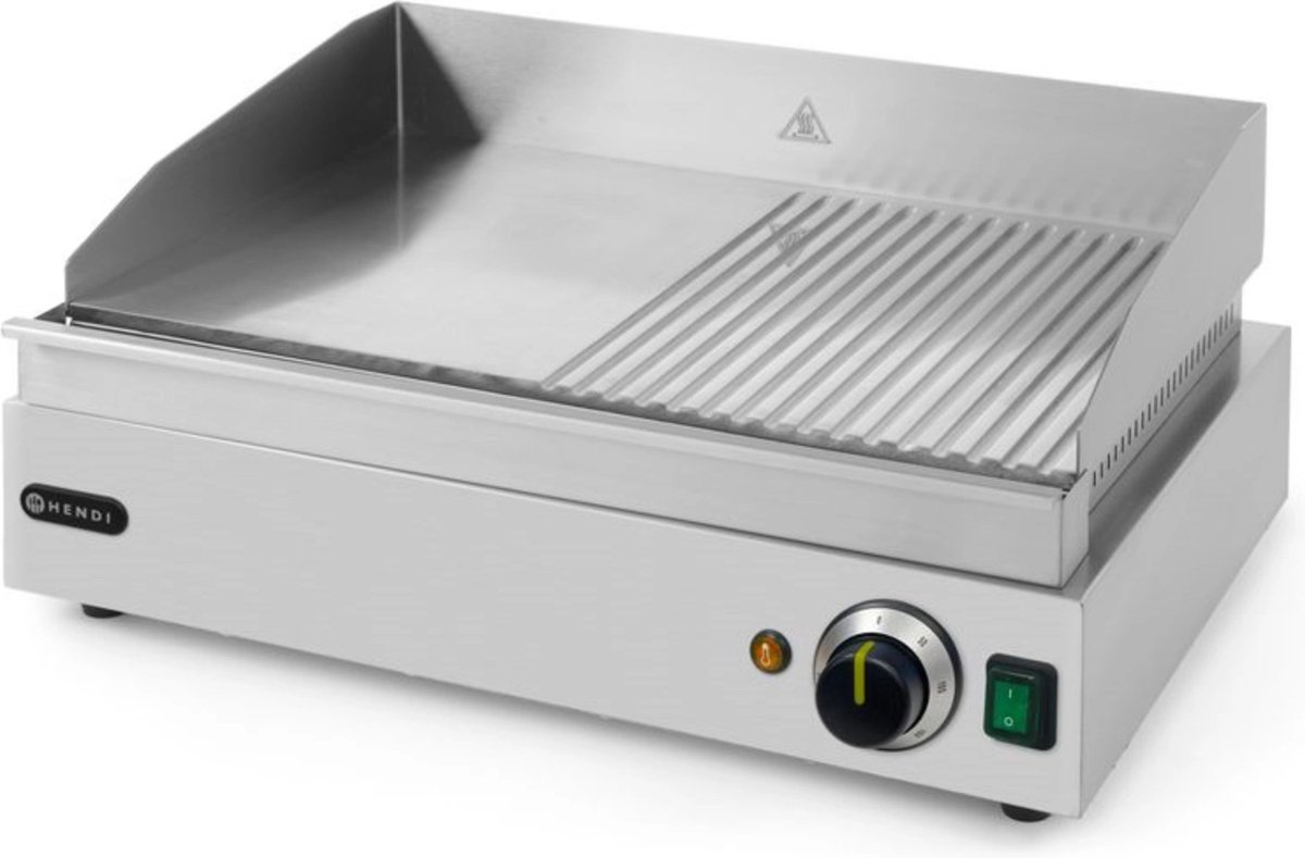 Hendi Bakplaat Profi Line - Professionele Grillplaat - 1/2 Glad - 1/2 Gegroefd - 230V / 2,4kW - 55x38x(H)24cm