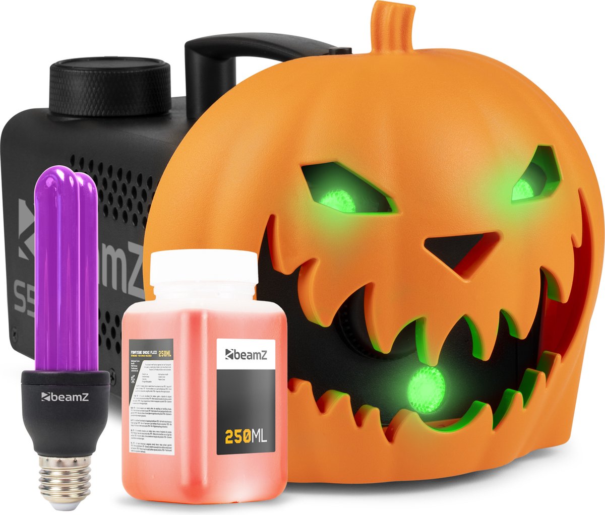BeamZ Halloween rookmachine partyset - Met opklikbare pompoen - UV blacklight lamp en lichteffecten
