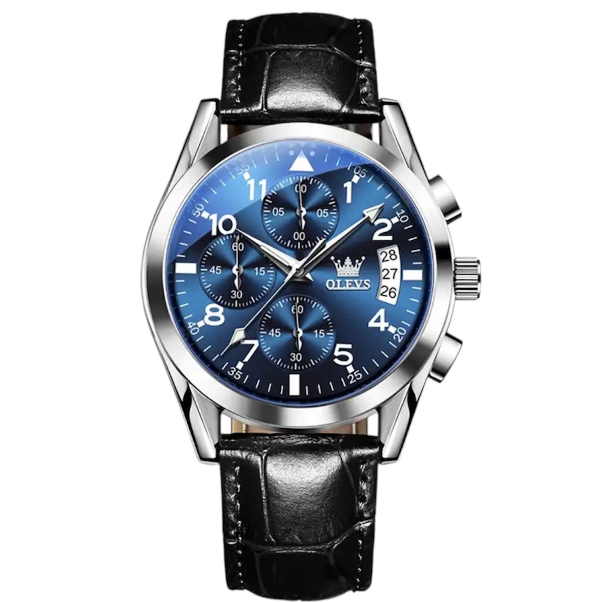 Olevs Luxe Herenhorloge - Mannen - Zwarte Polsband - Zilver en Blauw - Luxe Doos -