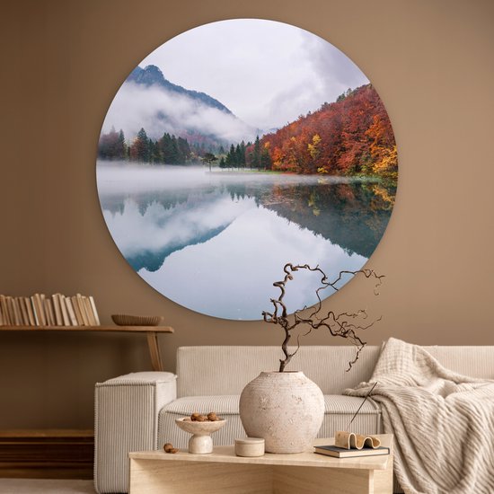 WallCircle - Cercle mural - Cercle mural intérieur - Automne - Brouillard - Water - Paysage - 120x120 cm - Décoration murale - Peintures ronds XXL