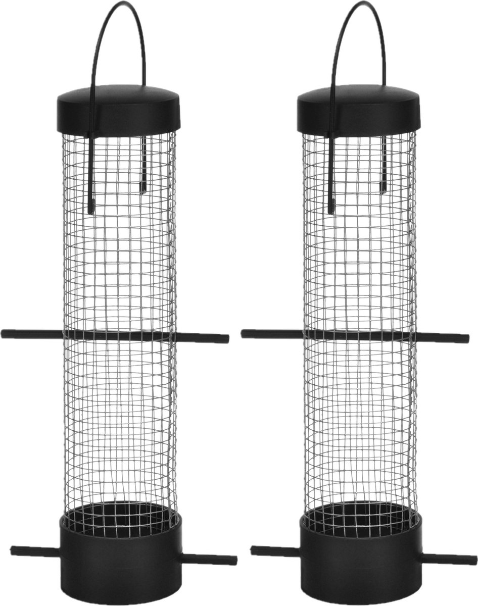 2x stuks kunststof vogel voedersilo zwart 28 cm - Vogelvoederhuisje - Vogel voederstation - Vogelvoer - Hangend