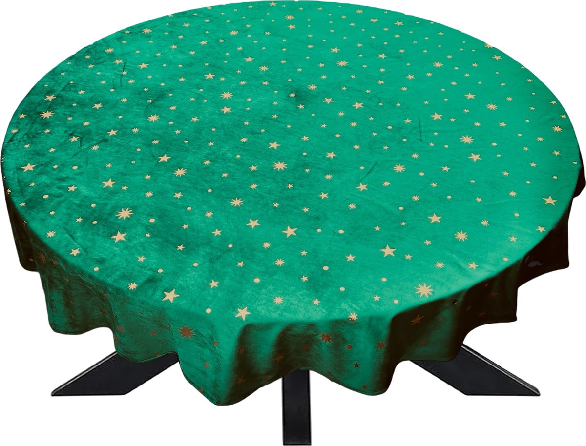 Tafelkleed Rond - Kerst - Kersttafelkleed - Groen - Goudensterren - Ø 160 cm