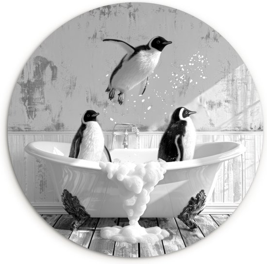 WallCircle® Wandcirkel 30x30 cm - Muurcirkel Pinguïns - Vintage - Dieren - Zwart - Wit - Vogels - Badkamer - Bad - Muurdecoratie cirkel woonkamer - Wanddecoratie slaapkamer - Kamer decoratie accessoires - Ronde schilderijen binnen