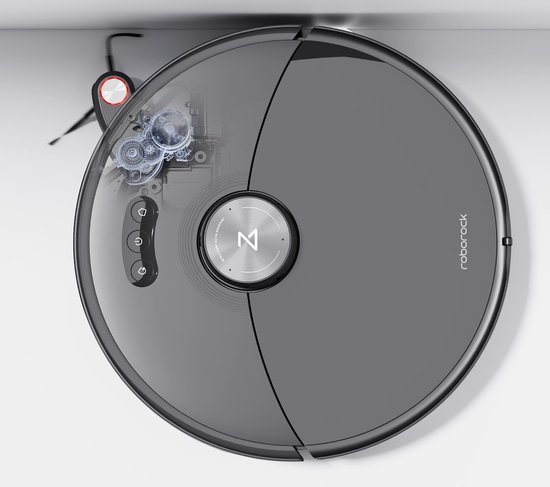 Zicht op boven van een ronde, donkergrijze robotstofzuiger met een transparante inkijk op de interne mechaniek.