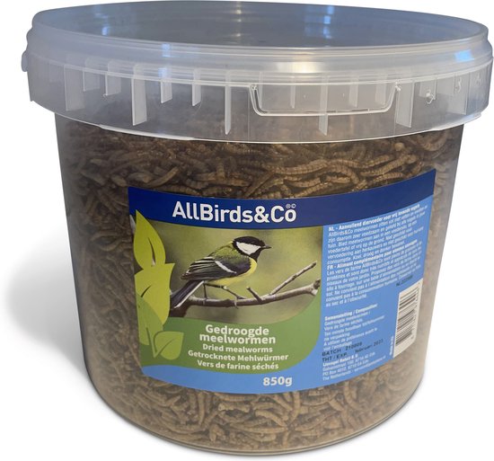 850g emmer met gedroogde meelwormen. Op het etiket staat Allbirds&Co en een afbeelding van een koolmees.