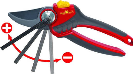 Rood-grijze snoeischaar met gele knop, 5 inbussleutels wijzen naar buiten, rode plus en min tekens.