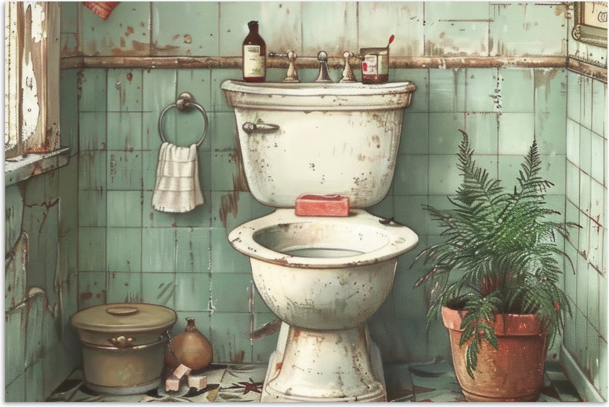 Poster 120x80 cm - Vintage - Toilet - Illustratie - Posters - Wanddecoratie badkamer - Muu